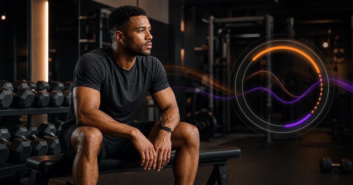 Lifter recovering between sets beside dumbbells with an abstract rest-timer display