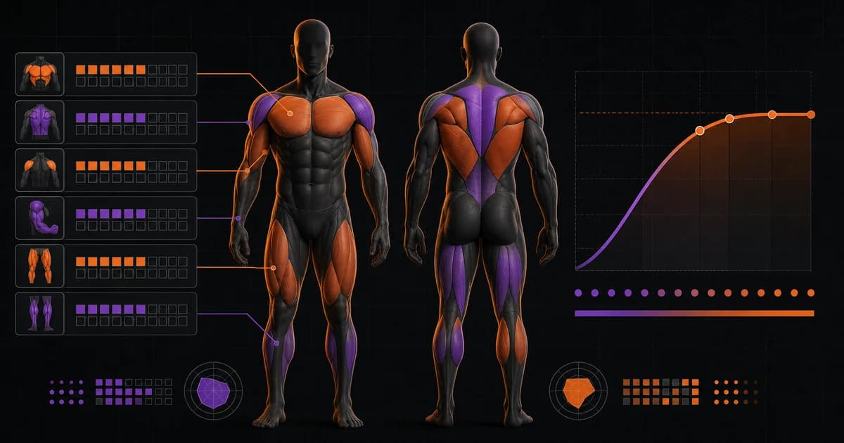 Weekly resistance-training volume visual with front and back muscle groups and a diminishing-returns curve