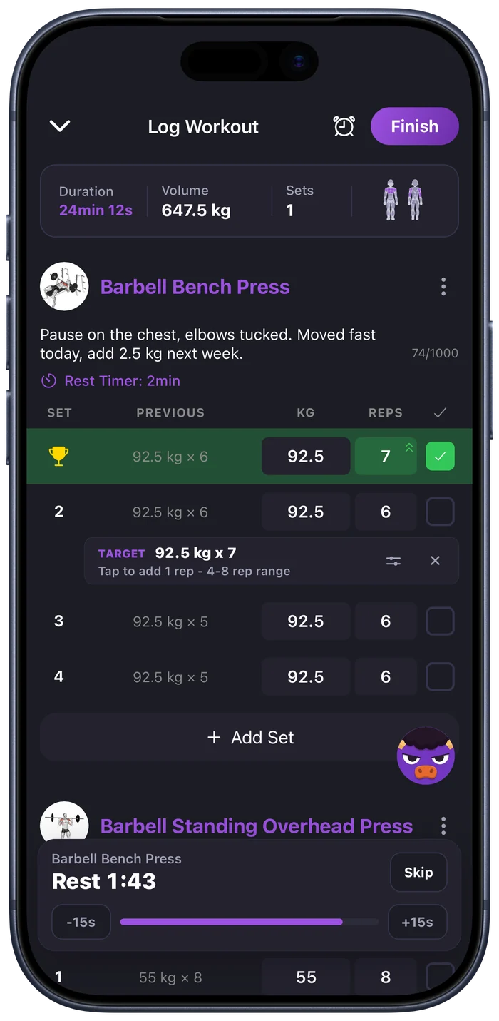 Buffro workout logger with sets, weights, and rest timing